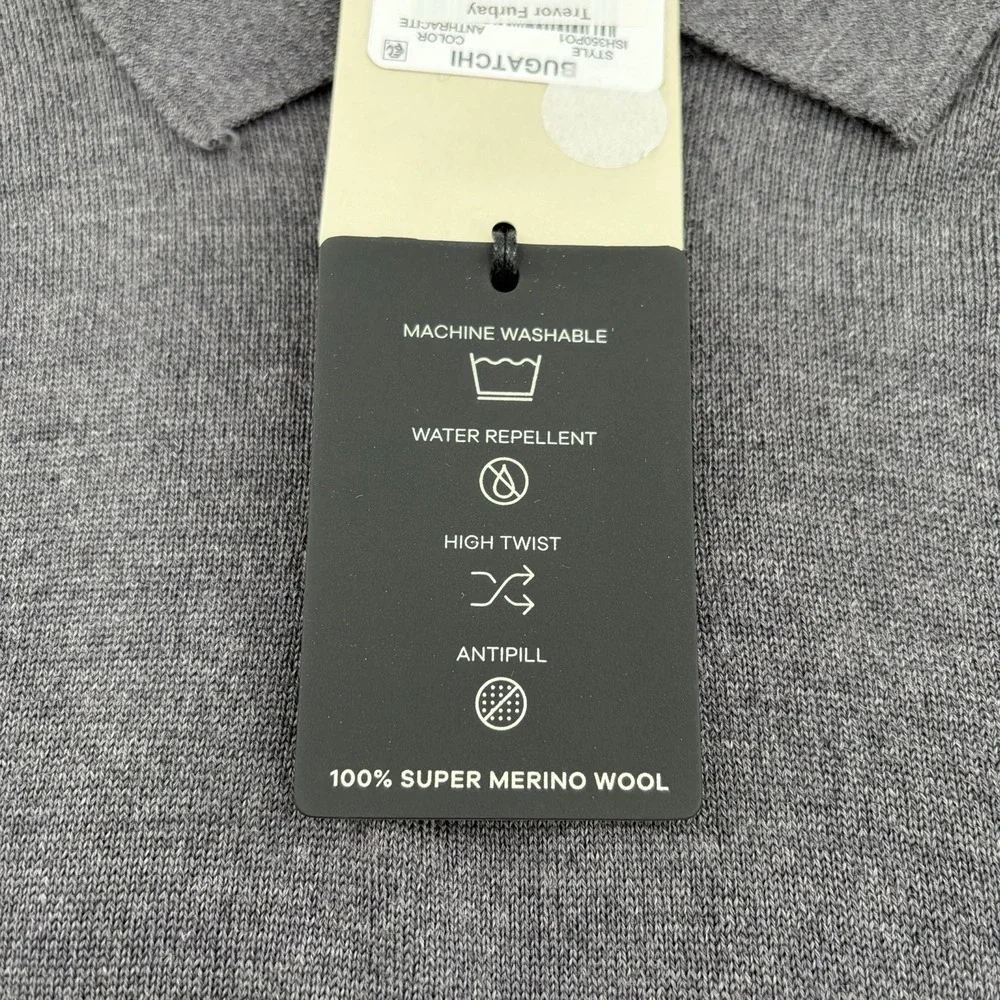 Bugatchi 100% Super Merino Wool Long Sleeve Polo Sweater Men Size 2XL Anthracite
